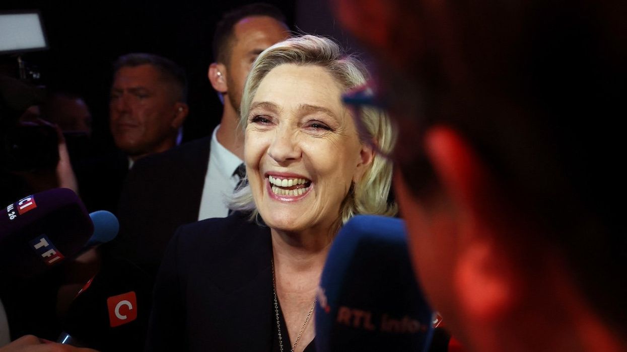 Marine Le Pen, French far-right leader and far-right Rassemblement National (National Rally - RN) party candidate, speaks to journalists after partial results in the first round of the early French parliamentary elections in Henin-Beaumont, France, June 30, 2024.