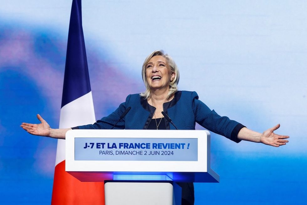 ​Marine Le Pen, president of the French far-right National Rally (Rassemblement National) party parliamentary group, gestures during the party's campaign for the EU elections, in Paris, France, on June 2, 2024. 