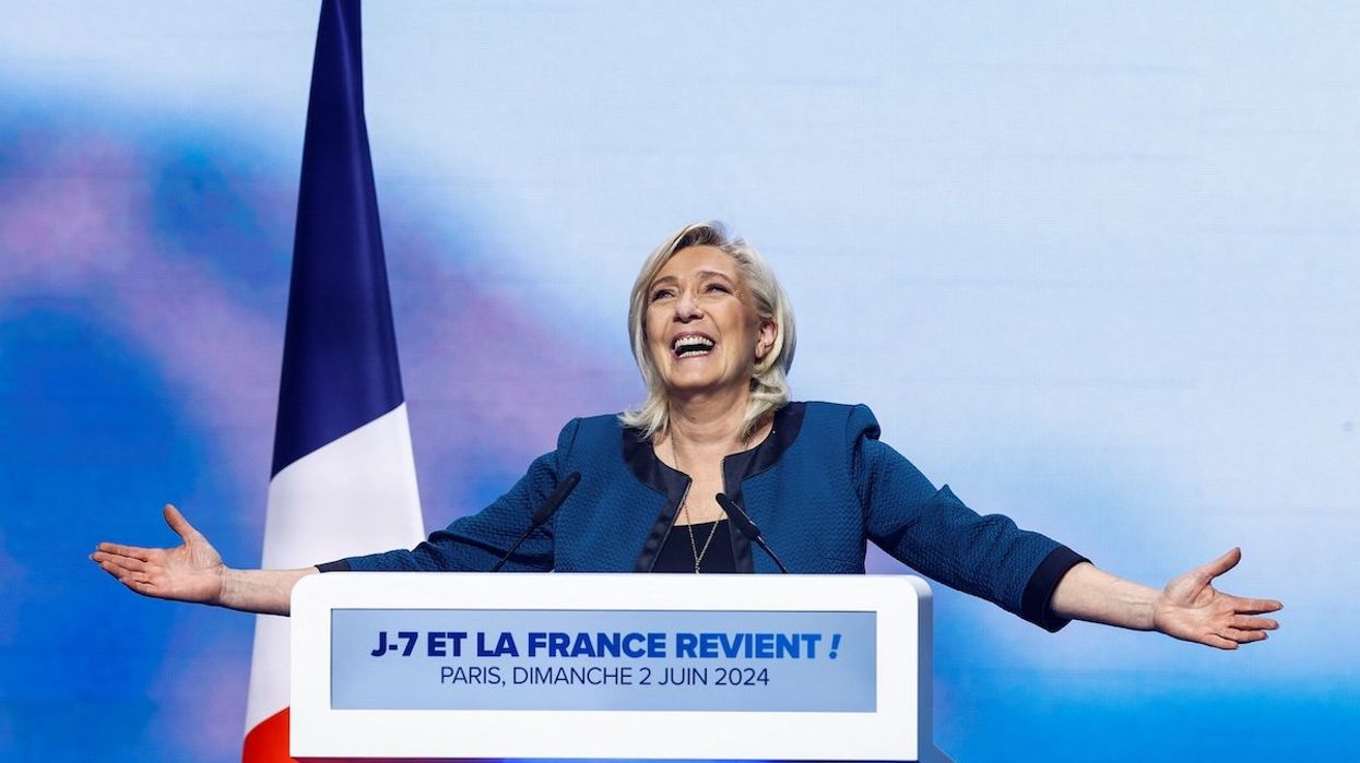 Marine Le Pen, president of the French far-right National Rally (Rassemblement National) party parliamentary group, gestures during the party's campaign for the EU elections, in Paris, France, on June 2, 2024.