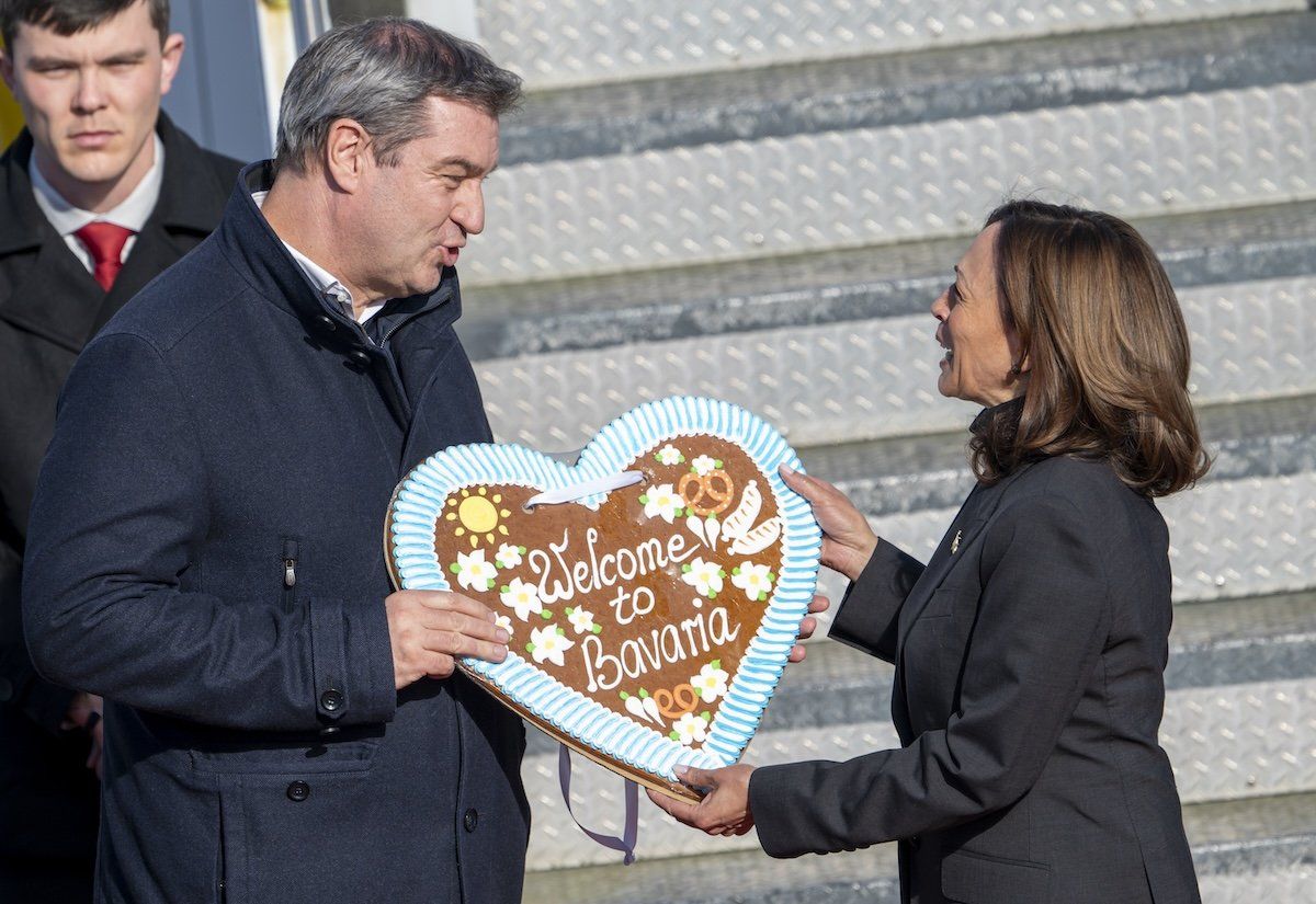 ​Markus Söder, the prime minister of Bavaria, welcomes US Vice President Kamala Harris at Munich Airport as a guest of the Munich Security Conference.