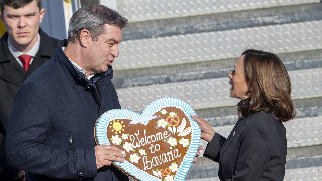 Markus Söder, the prime minister of Bavaria, welcomes US Vice President Kamala Harris at Munich Airport as a guest of the Munich Security Conference.