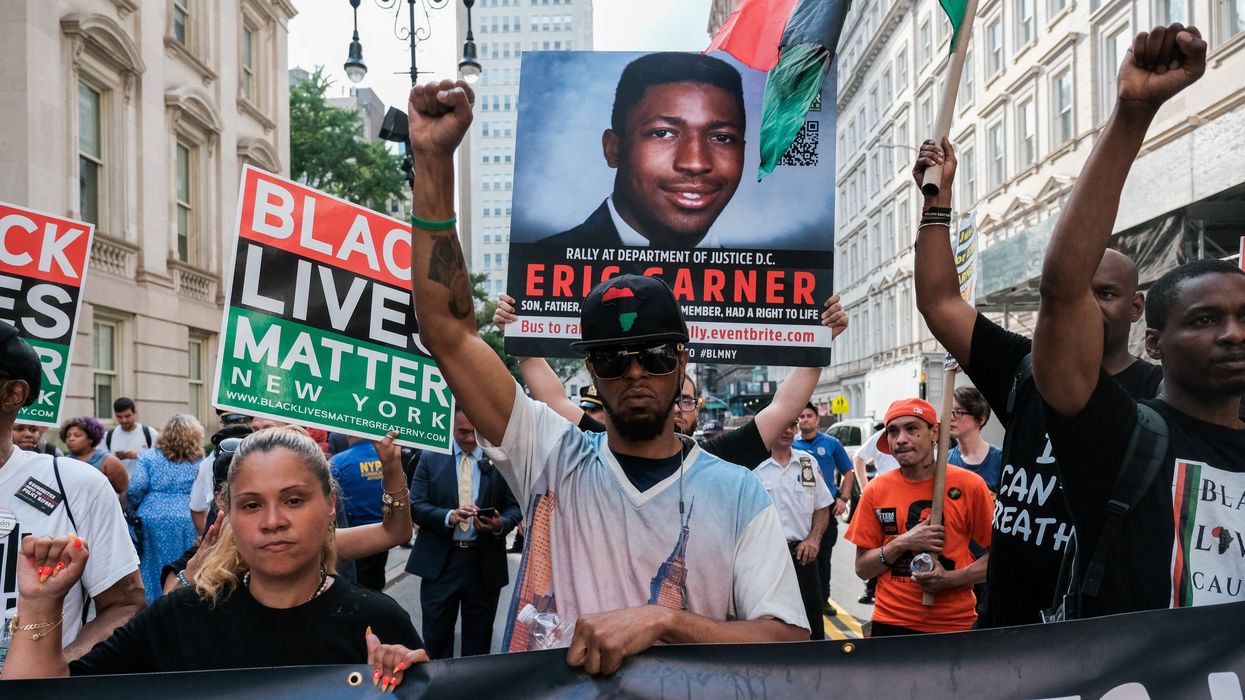 Members of Black Lives Matter protest on the fifth anniversary of the death of Eric Garner, a day after federal prosecutors announced their decision not to prosecute NYPD officer Daniel Pantaleo or other officers for charges related to his death, in New York, U.S., July 17, 2019.