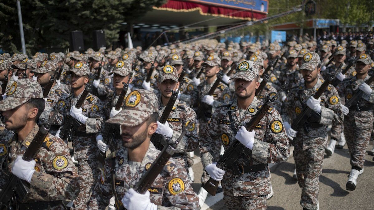 Members of the Iranian Army's land force are marching in a military parade to mark the anniversary of Iran's Army Day at an Army military base in Tehran, Iran, on April 17, 2024. 