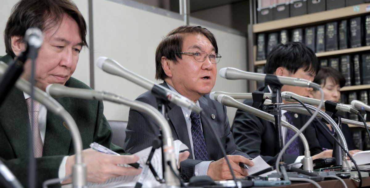 ​Members of the Lawyers from Across Japan for the Victims of the Unification Church（LAJAVUC）attend a press conference as the Tokyo District Court issued a dissolution order to the Unification Church, the religious group formerly called the Family Federation for World Peace and Unification, in Tokyo on March 25, 2025.