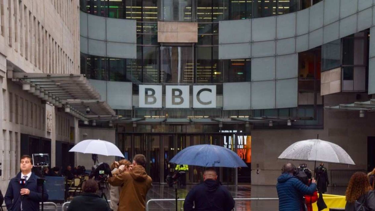 Members of the media gather outside Broadcasting House, the BBC headquarters in central London, as BBC Director General Tim Davie and BBC News CEO Deborah Turness resign following accusations of bias and the controversy surrounding the editing of the Trump speech before the Capitol riots on 6 January 2021 in a BBC Panorama documentary.