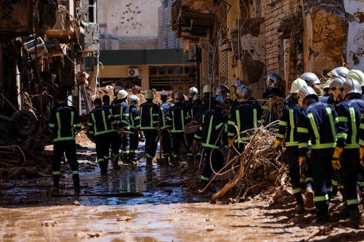 Members of the rescue team from the Egyptian army inspect the damaged areas, following a powerful storm and heavy rainfall hitting the country, in Derna, Libya September 13, 2023.