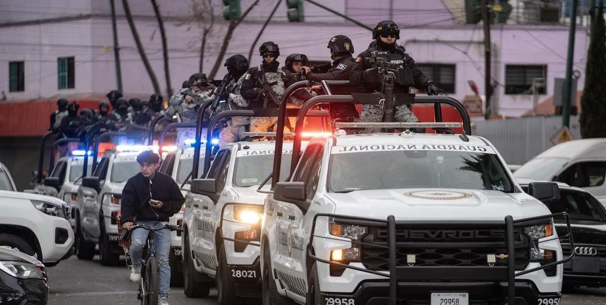 ​Members of the special units of the National Guard and the Secretaria de Seguridad Ciudadana stand guard in front of the Fiscalia General de la Republica, where the investigation into the operation in which Nemesio Oseguera Cervantes, alias "El Mencho", founder and leading head of the Cartel de Jalisco Nueva, was killed, is underway.