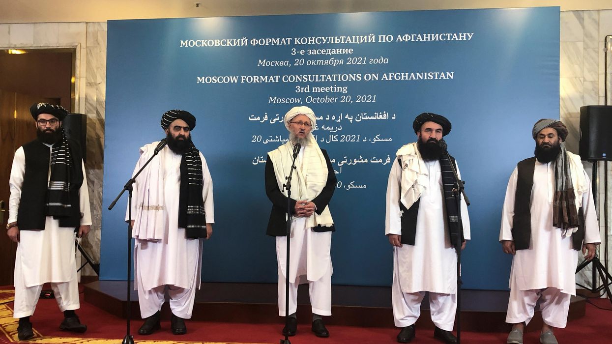 Members of the Taliban delegation, including its head Abdul Salam Hanafi, Afghan acting Foreign Minister Amir Khan Muttaqi and representative of the Taliban political office Anas Haqqani, attend a media briefing following international talks on Afghanistan in Moscow, Russia, October 20, 2021.
