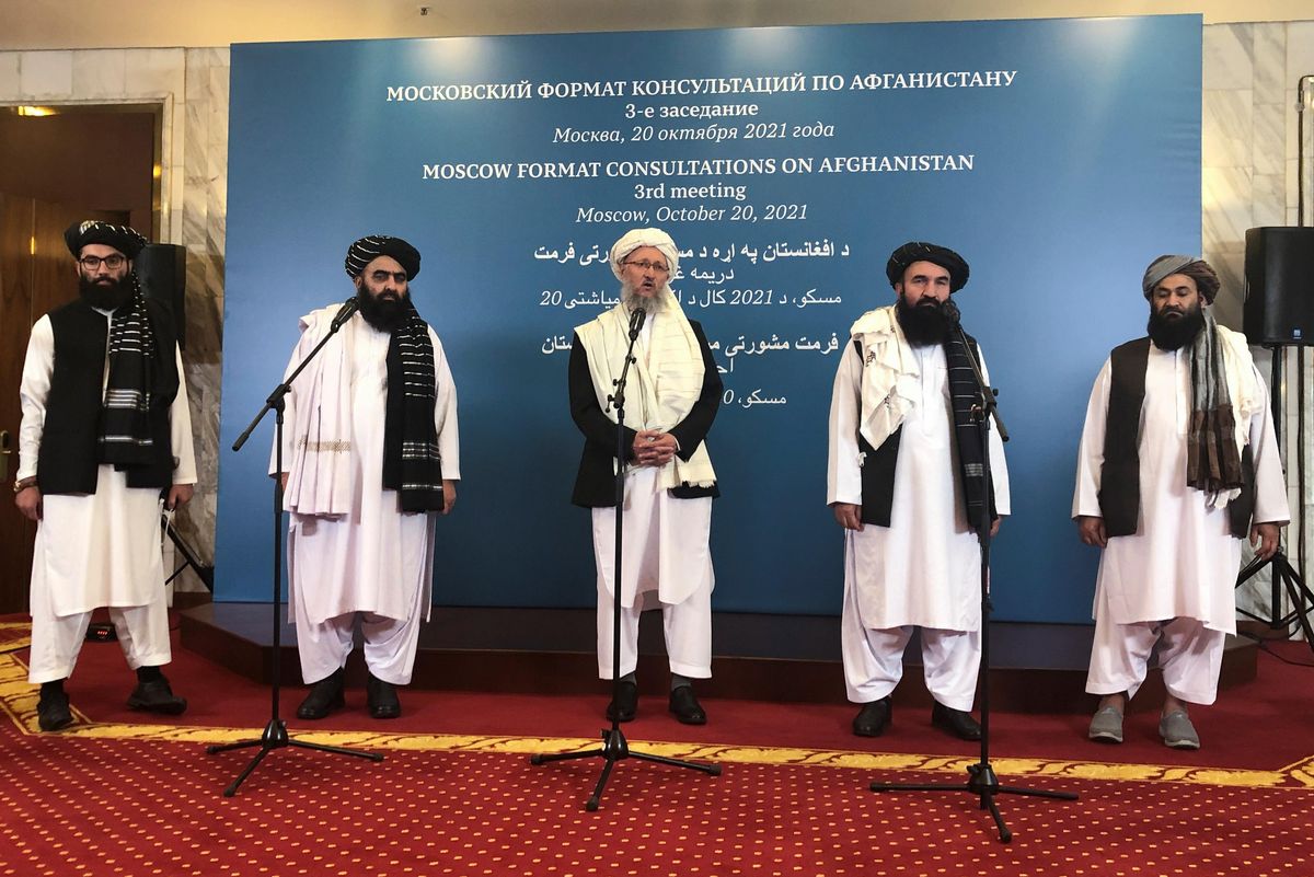 Members of the Taliban delegation, including its head Abdul Salam Hanafi, Afghan acting Foreign Minister Amir Khan Muttaqi and representative of the Taliban political office Anas Haqqani, attend a media briefing following international talks on Afghanistan in Moscow, Russia, October 20, 2021.