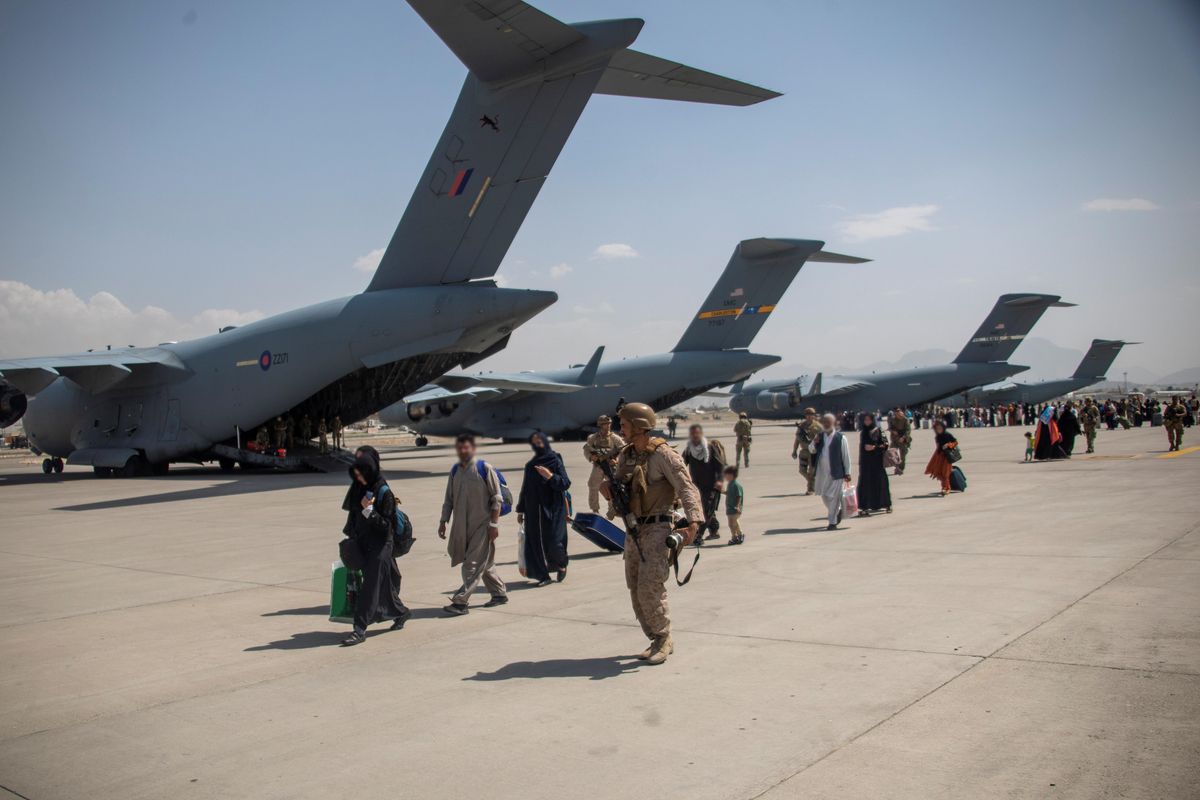 Members of the UK Armed Forces continue to take part in the evacuation of entitled personnel from Kabul airport, in Kabul, Afghanistan August 19-22, 2021, in this handout picture obtained by Reuters on August 23, 2021.