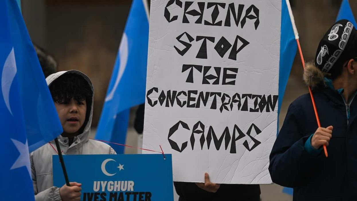 Members of the Uyghurs diaspora gather in front of Alberta Legislature during the protest 'Stand in Support of East Turkistan' to commemorate the 1990 Barin Uprising, on April 6, 2024, in Edmonton, Alberta, Canada. The East Turkestan independence movement seeks the region's independence for the Uyghur people from China. They advocate renaming the region from Xinjiang to East Turkestan, its historical name.