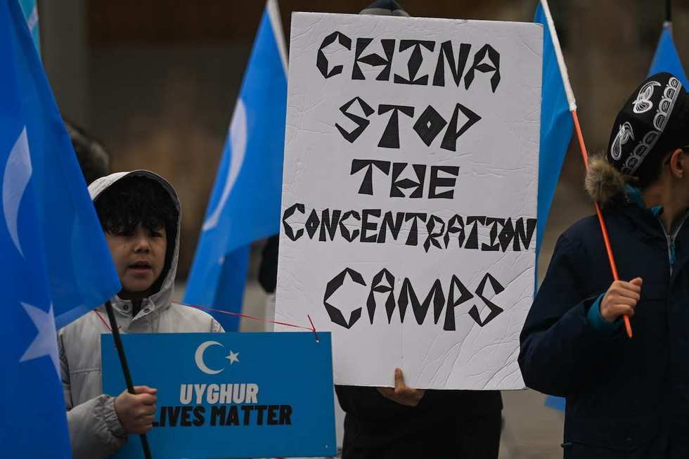 Members of the Uyghurs diaspora gather in front of Alberta Legislature during the protest 'Stand in Support of East Turkistan' to commemorate the 1990 Barin Uprising, on April 6, 2024, in Edmonton, Alberta, Canada. The East Turkestan independence movement seeks the region's independence for the Uyghur people from China. They advocate renaming the region from Xinjiang to East Turkestan, its historical name.