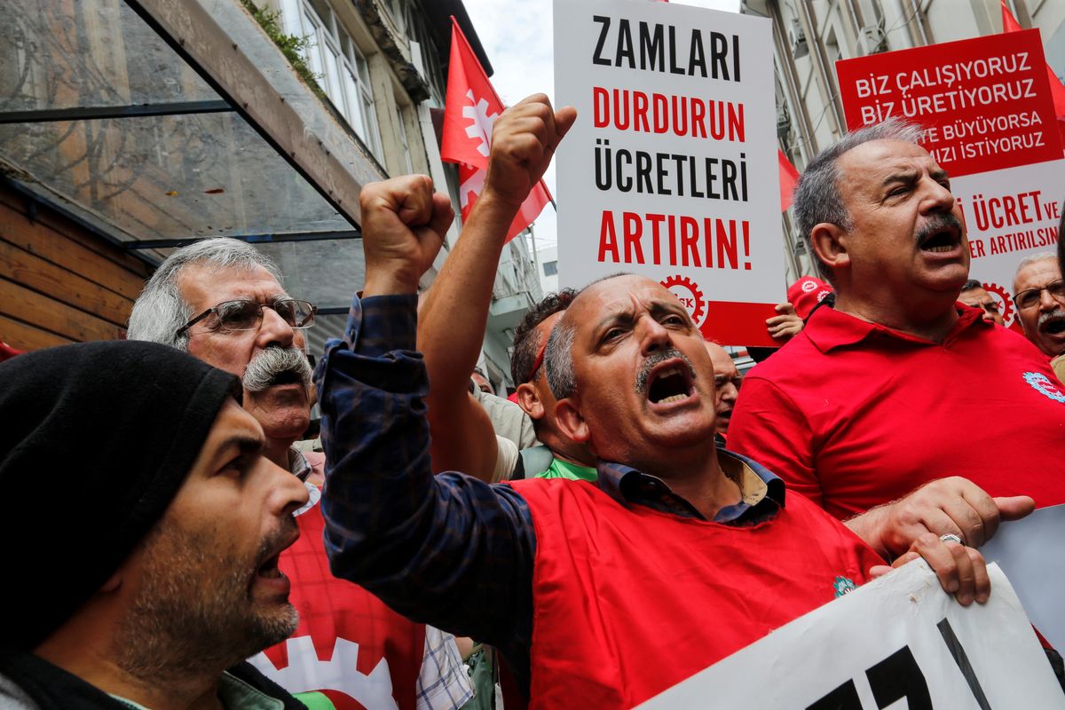 Members of trade unions protest against low wages in Istanbul, Turkey.
