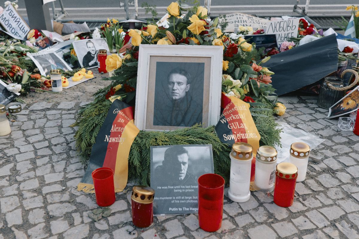 ​Memorial to Alexei Navalny, Russian political opponent, in front of the Russian embassy in Berlin. 