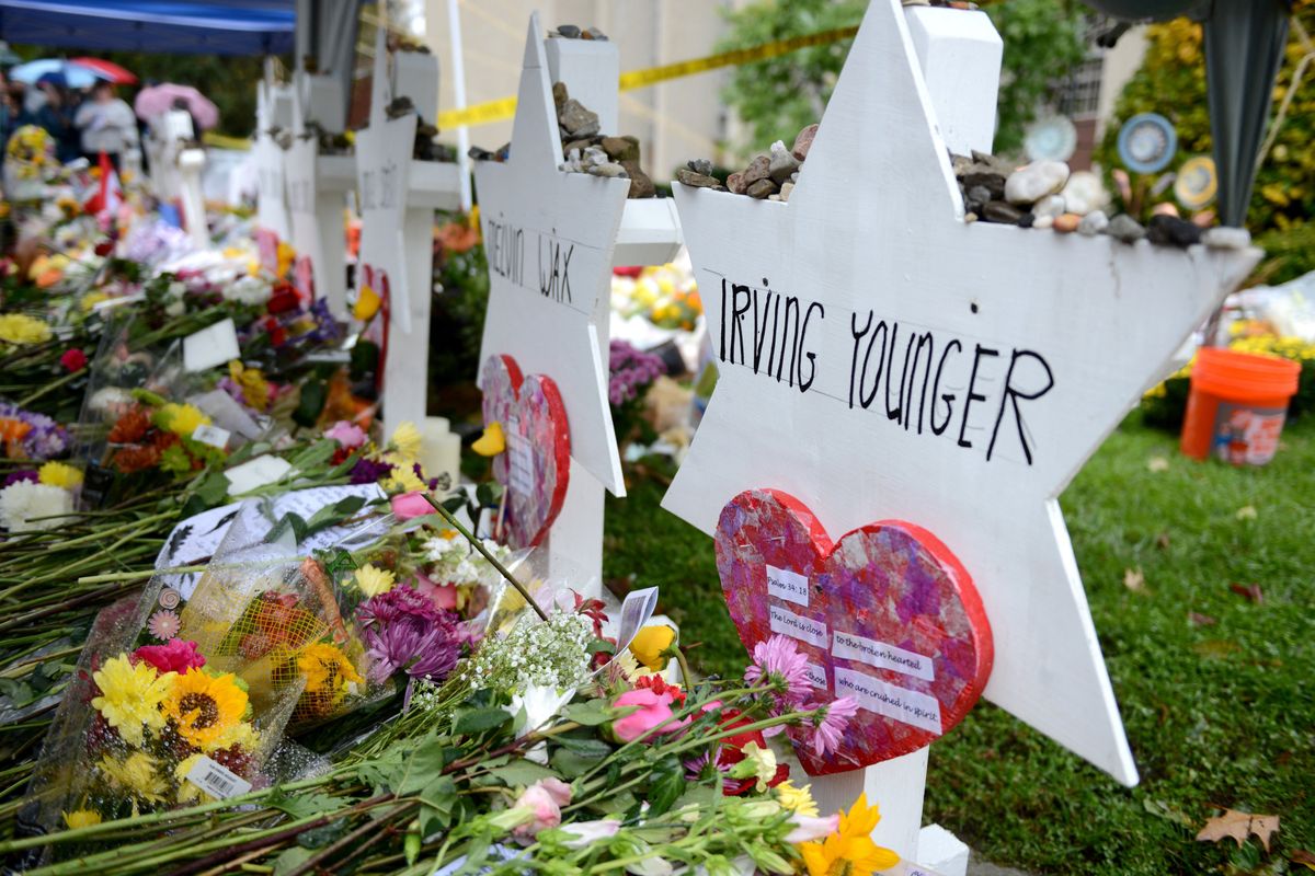 Memorials outside the Tree of Life synagogue following the shooting in Pittsburgh, Pennsylvania.