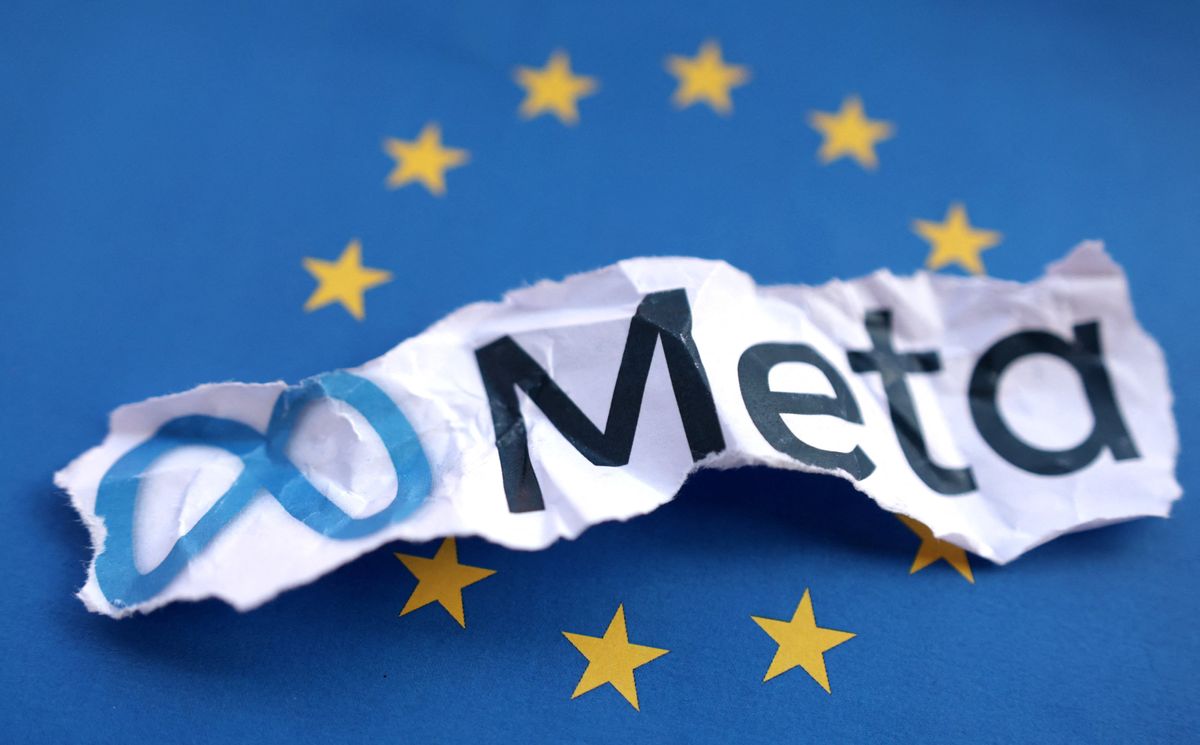 Meta logo crumpled on top of EU flag