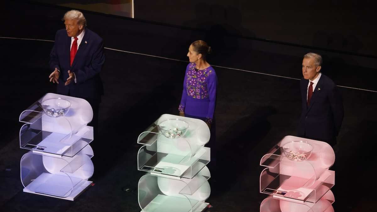 ​Mexican President Claudia Sheinbaum Pardo, Canadian Prime Minister Mark Carney, and US President Donald Trump during the 2026 World Cup draw in Washington, D.C., on December 5, 2025.