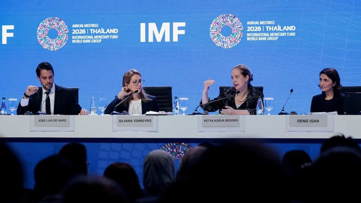 MF Communications Officer Jose Luis De Haro, Director of the Research Department at the IMF Silvana Tenreyro, Deputy Director of the Research Department at the IMF Petya Koeva-Brooks and Division Chief at the Research Department of the IMF Deniz Igan attend a press briefing during the IMF/World Bank 2026 Annual Meetings at Queen Sirikit National Convention Center (QSNCC)