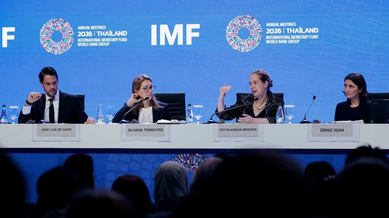 MF Communications Officer Jose Luis De Haro, Director of the Research Department at the IMF Silvana Tenreyro, Deputy Director of the Research Department at the IMF Petya Koeva-Brooks and Division Chief at the Research Department of the IMF Deniz Igan attend a press briefing during the IMF/World Bank 2026 Annual Meetings at Queen Sirikit National Convention Center (QSNCC)
