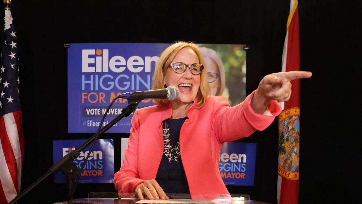 ​Miami Mayor-elect Eileen Higgins points as she thanks her staff and supporters on the night of the general election, on Tuesday, Nov. 4, 2025.