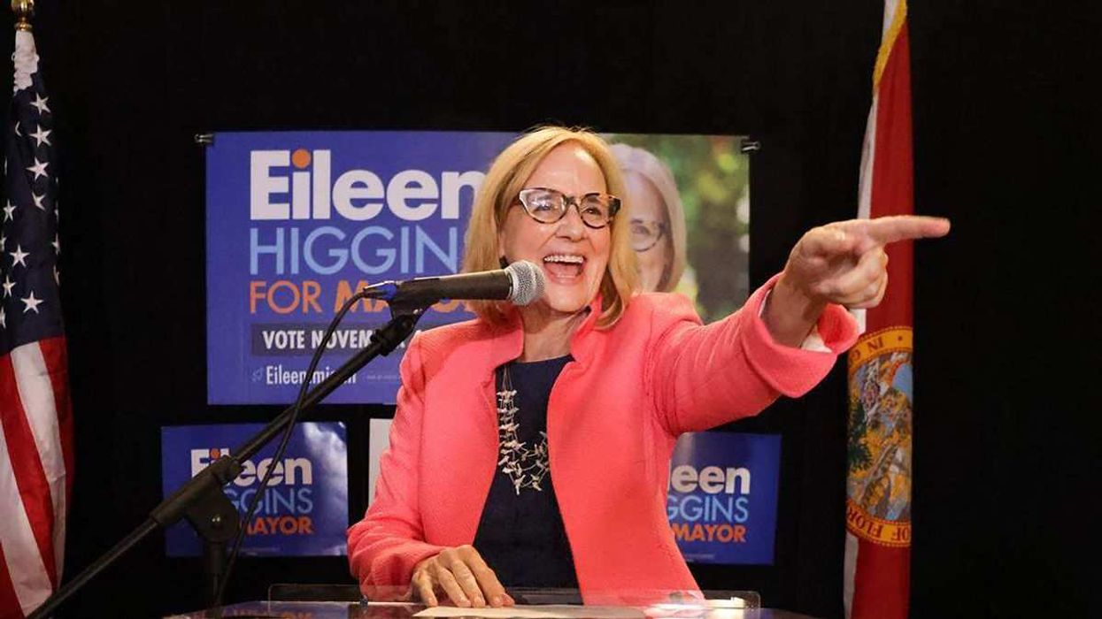 Miami Mayor-elect Eileen Higgins points as she thanks her staff and supporters on the night of the general election, on Tuesday, Nov. 4, 2025.