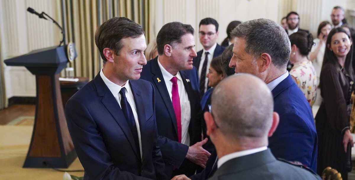 Middle East negotiator and son-in-law of President Trump, Jared Kushner talks with Israeli diplomats following a joint press conference in the State Dining Room of the White House in Washington, DC, USA, 29 September 2025.