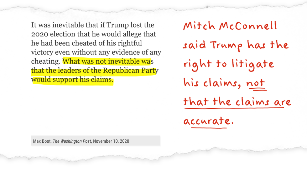 Mitch McConnell said Trump has the right to litigate his claims, not that the claims are accurate.