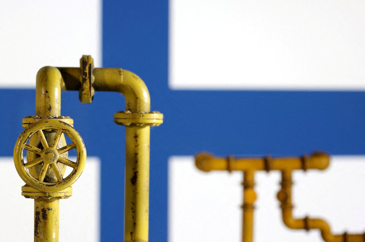 Model of natural gas pipeline and Finland flag, July 18, 2022.