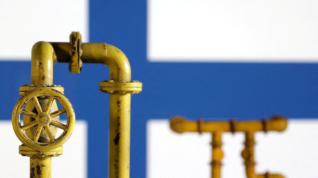 Model of natural gas pipeline and Finland flag, July 18, 2022.