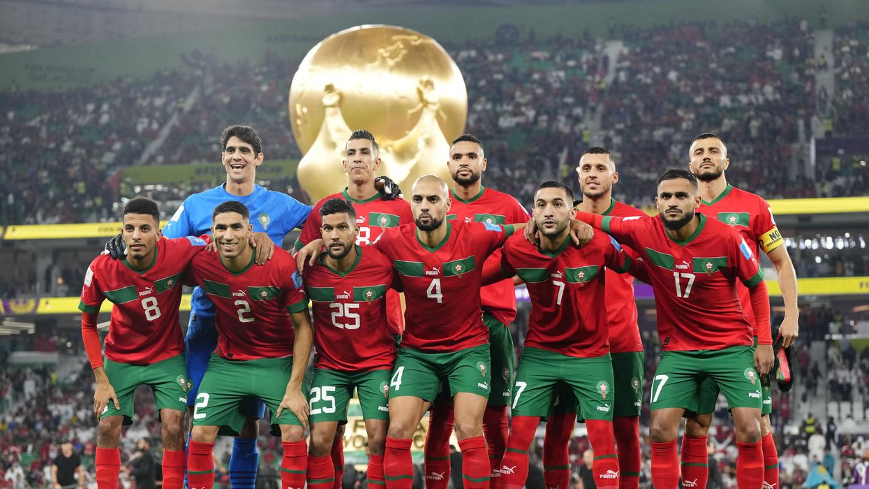 Morocco line-up during the 2022 FIFA World Cup quarterfinal match against Portugal in Doha, Qatar.