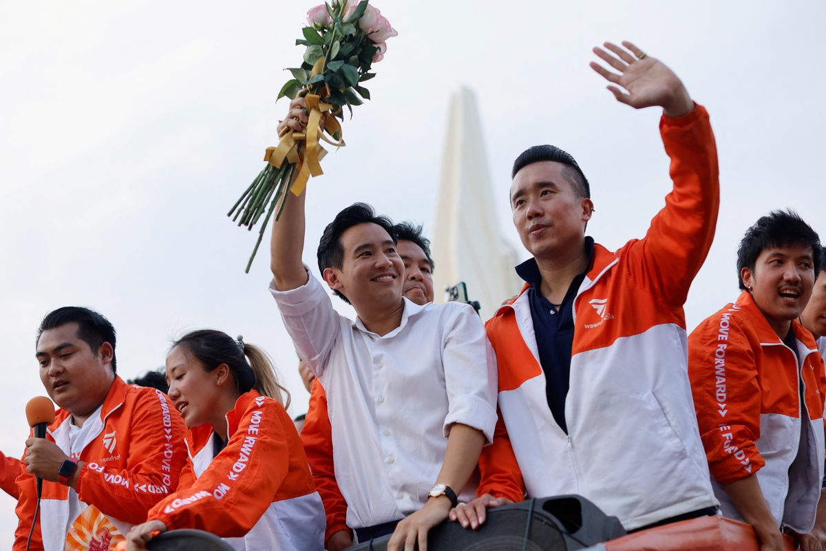 Move Forward Party leader and PM candidate Pita Limjaroenrat celebrate the party's election results in Bangkok, Thailand.