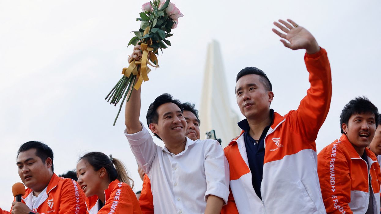 Move Forward Party leader and PM candidate Pita Limjaroenrat celebrate the party's election results in Bangkok, Thailand.