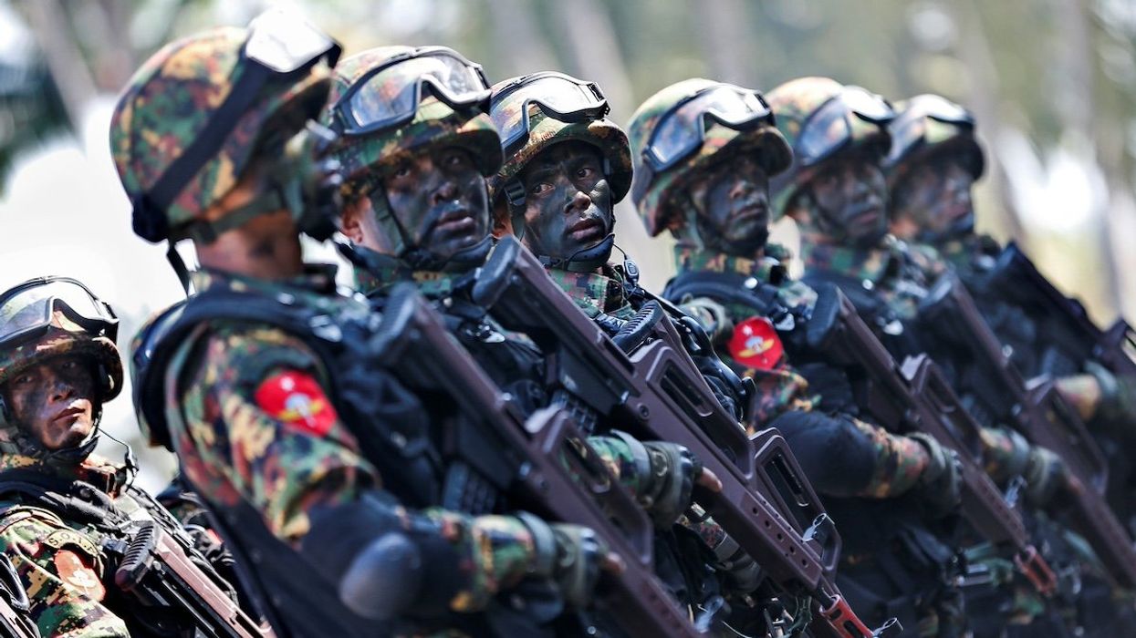Myanmar military troops take part in a military exercise at Ayeyarwaddy delta region in Myanmar, February 3, 2018.