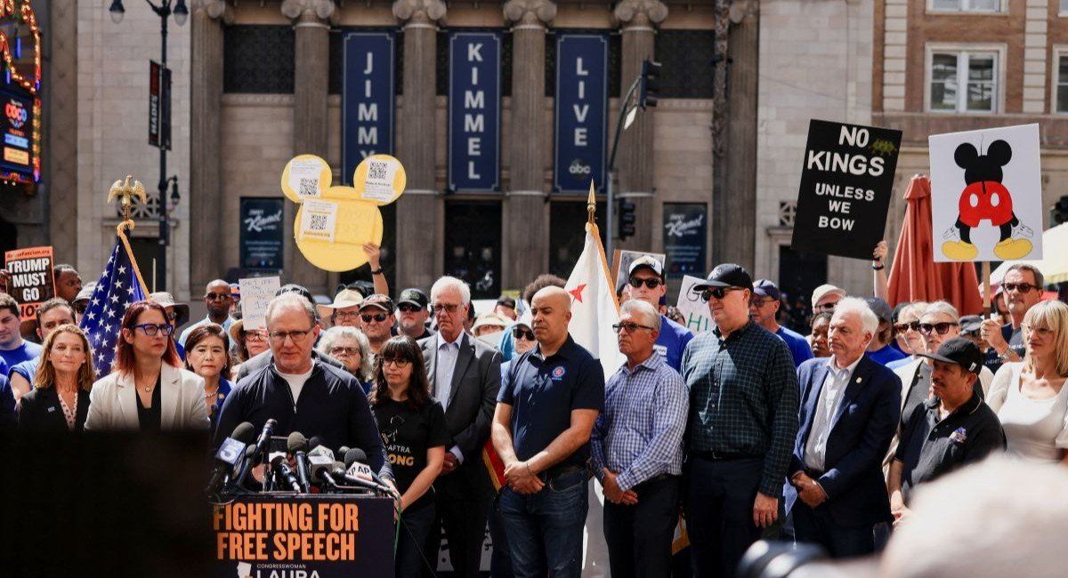 National Executive Director of the Directors Guild of America (DGA) Russell Hollander speaks during a protest outside the Dolby Theatre, across the street from the theater where "Jimmy Kimmel Live!" was recorded for broadcast, following his suspension for remarks he made regarding Charlie Kirk’s assassination, on Hollywood Boulevard in Los Angeles, California, U.S. September 22, 2025. 