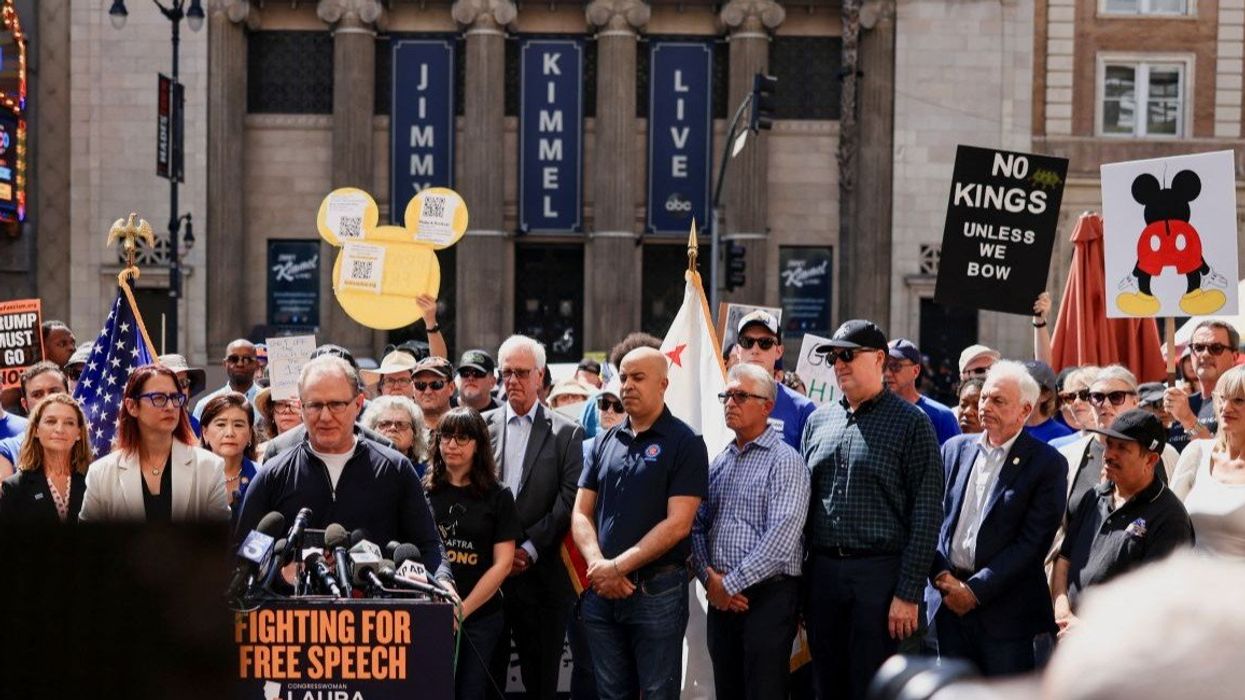 National Executive Director of the Directors Guild of America (DGA) Russell Hollander speaks during a protest outside the Dolby Theatre, across the street from the theater where "Jimmy Kimmel Live!" was recorded for broadcast, following his suspension for remarks he made regarding Charlie Kirk’s assassination, on Hollywood Boulevard in Los Angeles, California, U.S. September 22, 2025.