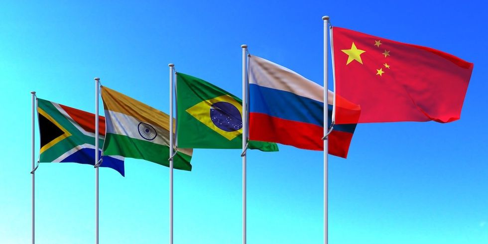 National flags of BRICS countries.