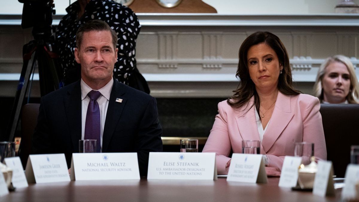 ​National Security Advisor Mike Waltz and Rep. Elise Stefanik (R-NY), the then-nominee for US ambassador to the UN, during a Cabinet meeting at the White House in Washington, DC, on Wednesday, Feb. 26, 2025.