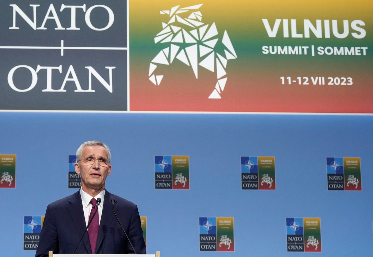 NATO Secretary-General Jens Stoltenberg holds a press conference at the summit in Vilnius, Lithuania.