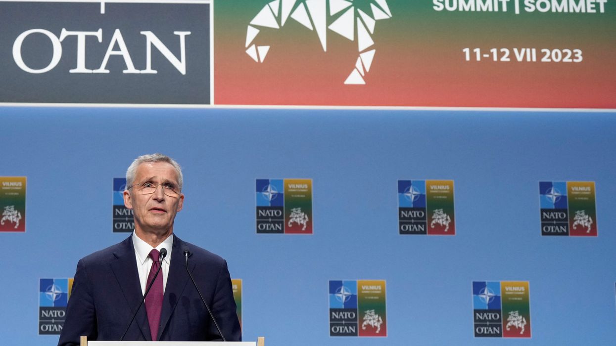 NATO Secretary-General Jens Stoltenberg holds a press conference at the summit in Vilnius, Lithuania.