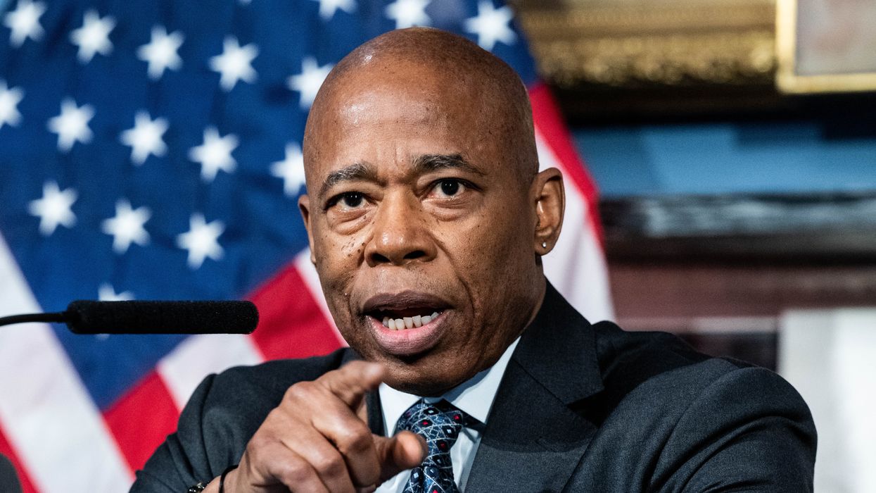 New York City Mayor Eric Adams (D) speaking at a press conference at City Hall in New York City.