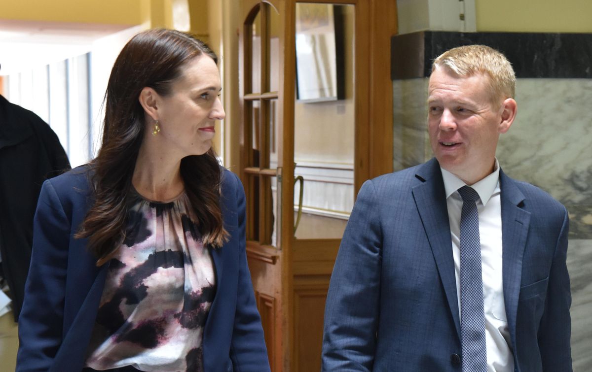 New Zealand's PM Jacinda Ardern and incoming Labour leader Chris Hipkins at Parliament House in Wellington.