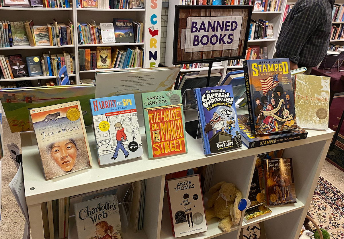 NewSouth Bookstore in Montgomery, Ala., displays books that have been banned by some schools, including "Charlotte's Web" and "Captain Underpants."