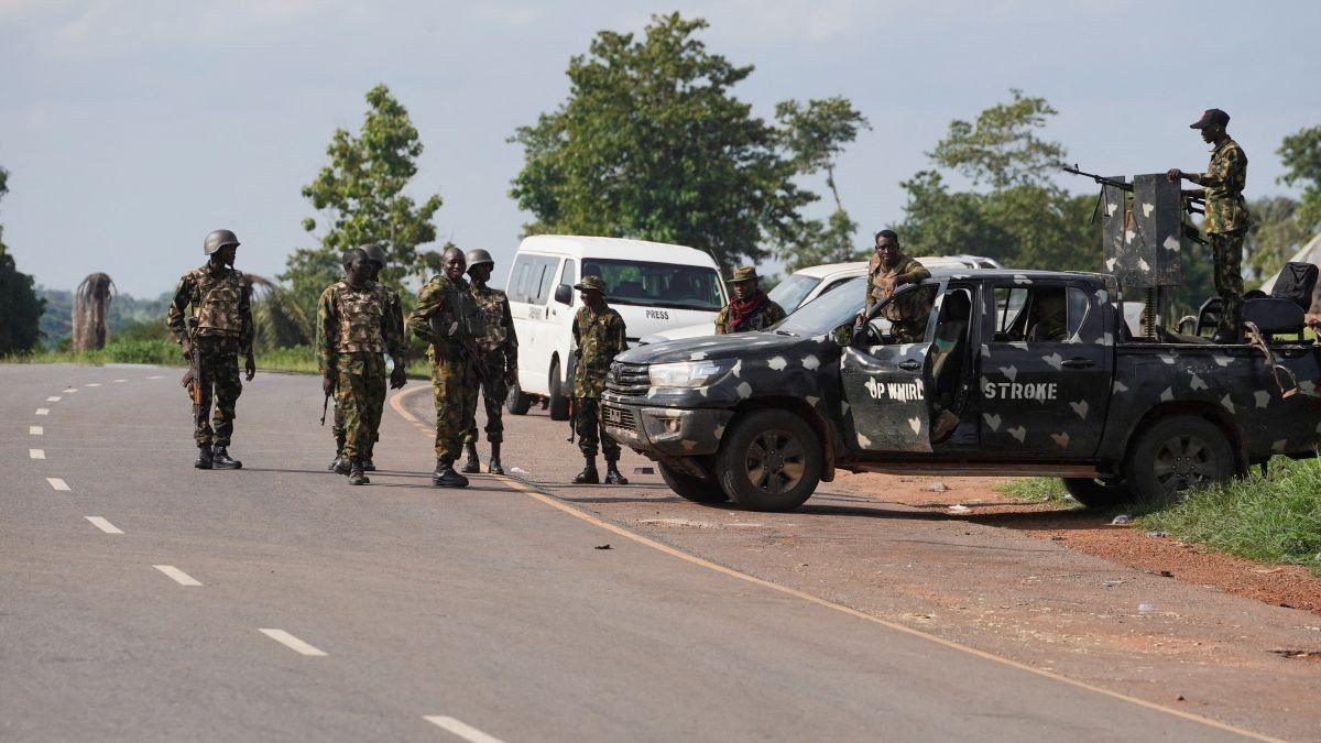 ​Nigerian Army soldiers on patrol after a deadly gunmen attack in Yelwata, Benue State, Nigeria, on June 16, 2025.