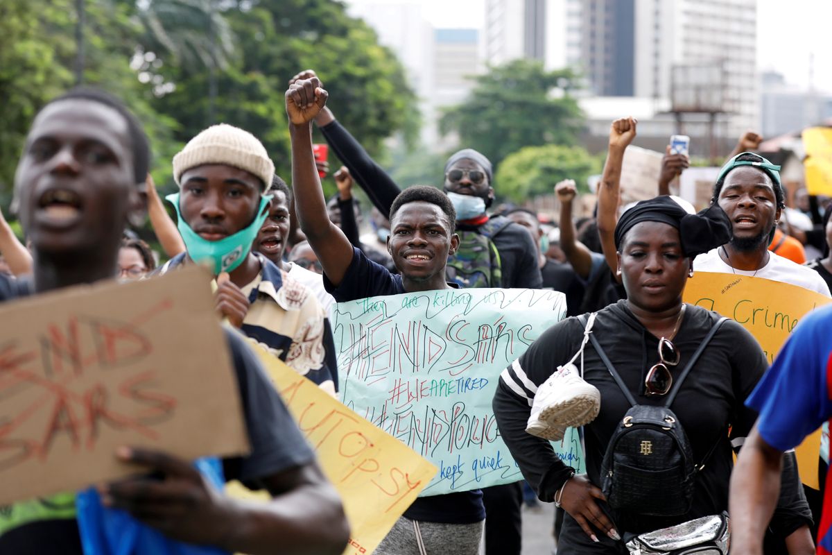 Nigerians take part in a protest against alleged violence, extortion and harassment from SARS in Lagos. Reuters