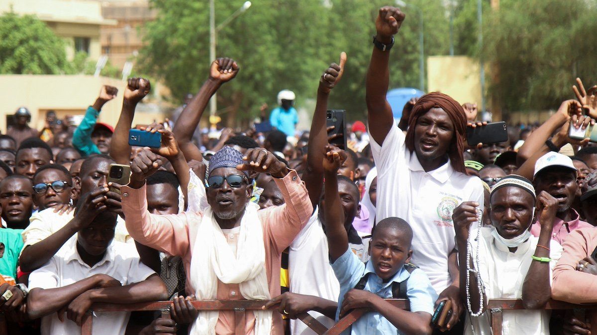 ​Nigeriens gather in a street to protest against the U.S. military presence, in Niamey, Niger April 13, 2024. 