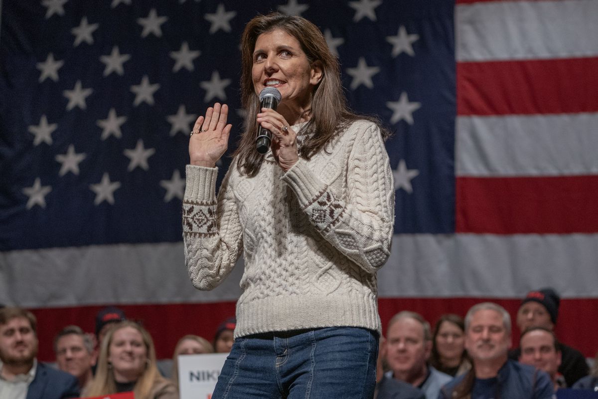 ​Nikki Haley, former U.N. Ambassador and Republican presidential candidate, delivers remarks during a campaign event in Exeter, New Hampshire on Jan. 21, 2023.