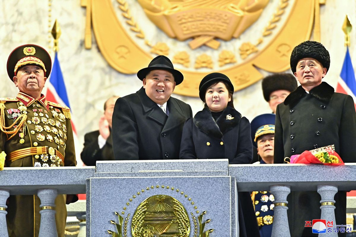 North Korean leader Kim Jong Un and daughter Kim Ju Ae attend a military parade in Pyongyang, North Korea. 