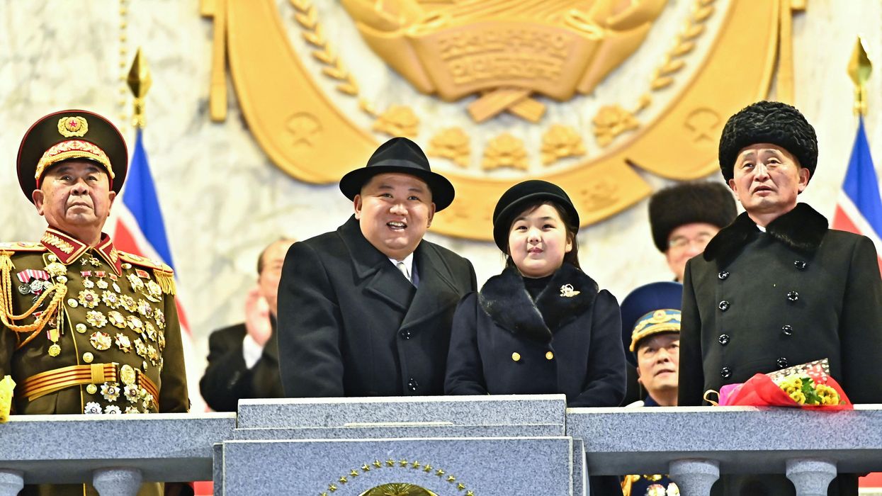 North Korean leader Kim Jong Un and daughter Kim Ju Ae attend a military parade in Pyongyang, North Korea.