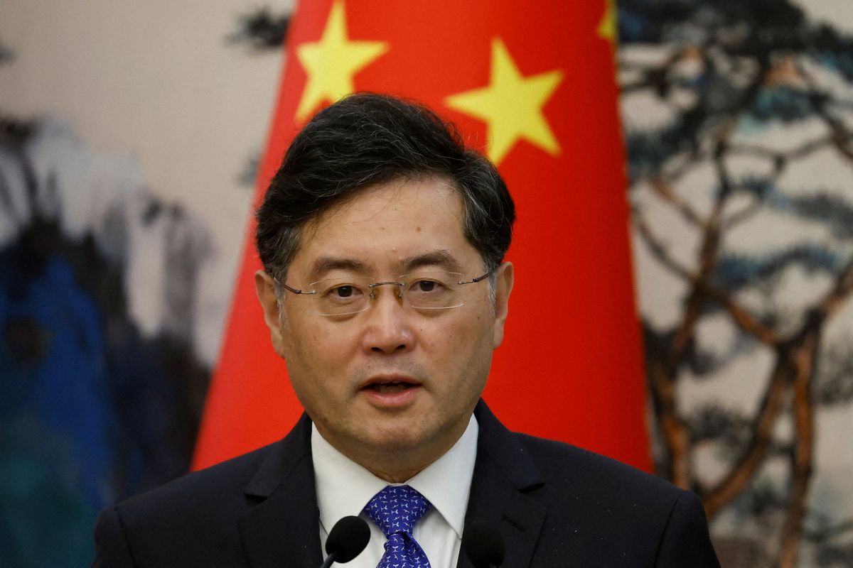 (Now former) Chinese Foreign Minister Qin Gang attends a press conference after talks with his Dutch counterpart Wopke Hoekstra in Beijing.