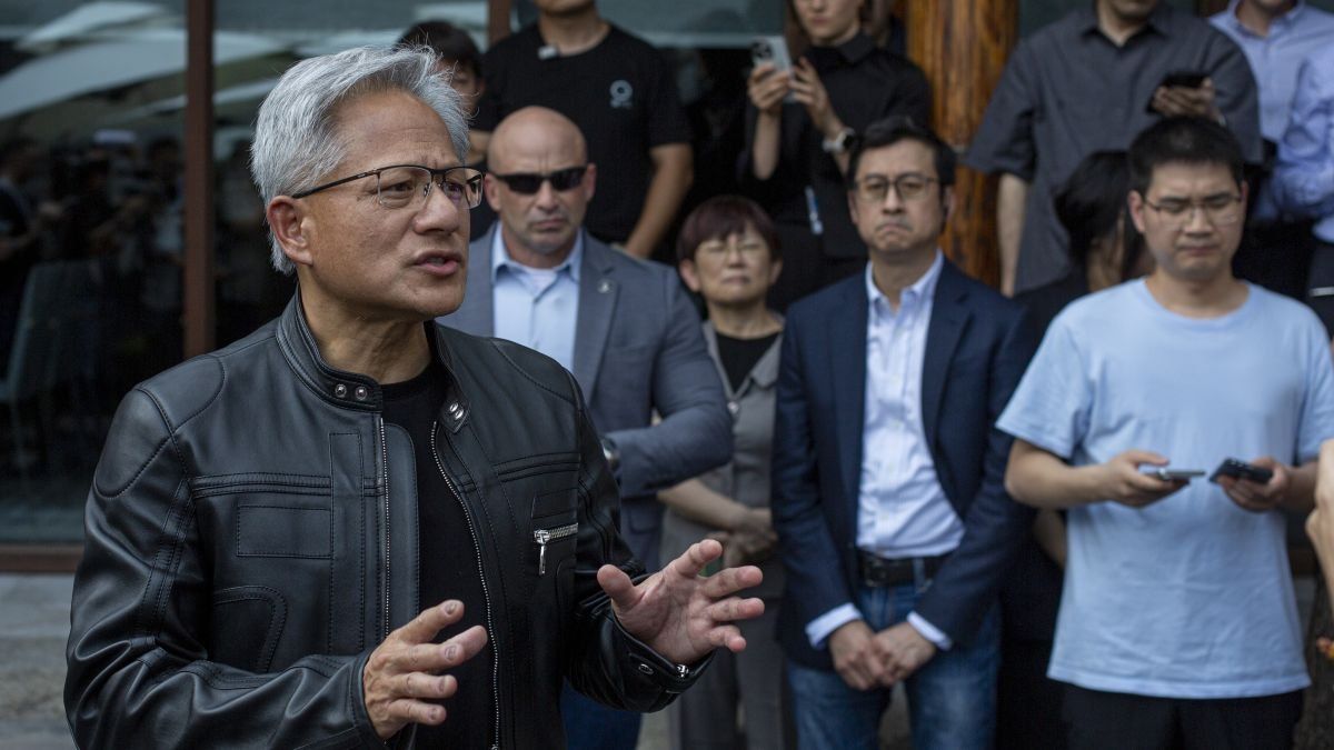 ​Nvidia founder and CEO Jensen Huang speaks to journalists in Beijing, China, on July 16, 2025.